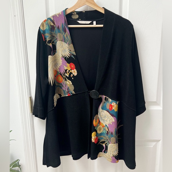 Soft Surroundings Black Open Front Cardigan Crane Floral Jacquard Artsy Kimono - Picture 1 of 5